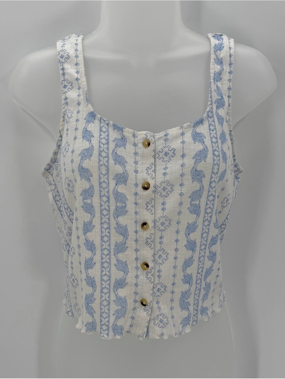 True Craft Tank Top Size S Blue Geo Print Ribbed Button Front Cropped Boho